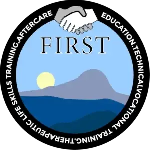 "FIRST at Blue Ridge logo featuring the words education, therapeutic life skills, aftercare, and technical vocational training, reflecting a comprehensive approach to recovery.